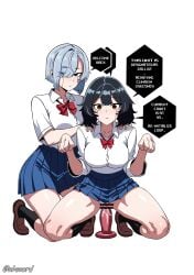 2girls abscord absurdres android bar_censor black_hair black_socks blank_stare blue_eyes blue_hair blue_skirt bow bowtie breasts brown_eyes brown_shoes censored closed_mouth commentary dildo double-parted_bangs english_commentary english_text expressionless female_masturbation hair_over_one_eye hands_on_another's_shoulders hands_up highres large_breasts loafers looking_at_viewer masturbation miniskirt multiple_girls original paw_pose pleated_skirt pussy pussy_juice red_bow red_bowtie school_uniform sex_toy shirt shoes short_hair short_sleeves simple_background skirt socks speech_bubble squatting talking white_background white_shirt