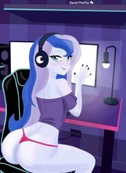 1girls 2024 aqua_eyes artist_name ass bedroom big_ass black_nails blue_hair butt chair computer computer_monitor deviantart_link equestria_girls female gamer gamer_chair gamer_girl hasbro headset indoors long_hair looking_at_viewer looking_back monitor my_little_pony no_bra_under_clothes no_pants panties princess_luna_(mlp) sarahthefox97 sitting sitting_on_chair smile smiling smiling_at_viewer solo topwear two_tone_hair vice_principal_luna