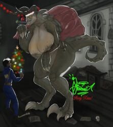 big_breasts christmas deathclaw fallout female_deathclaw giovannilol19 huge_breasts larger_female santa_hat sharp_claws smaller_male taller_girl