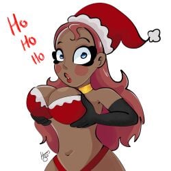 1girls blue_eyes choking christmas christmas_clothing christmas_outfit dark-skinned_female fnafhs fnafhsrule34 gloves hat homerbls toddy_(fnafhs) white_hair