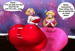 2girls arm_gloves armwear ass ass_bigger_than_head ass_bigger_than_torso ass_in_dress barely_contained big_ass big_breasts blonde_hair bottom_heavy breasts bubble_butt christmas christmas_outfit clothing crossover dat_ass dialogue dress fat_ass female female_only hat huge_ass large_ass mario_(series) massive_ass princess_peach princess_zelda santa_hat schnauzercito text the_legend_of_zelda thick_ass thick_thighs thunder_thighs tight_clothing wide_hips