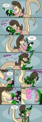 1boy 1girls 2d 2d_(artwork) anthro apron asscheeks big_ass big_breasts big_lips brown_body brown_hair cameron_(skunkdude13) carrying_partner closed_eyes comic comic_panel dialogue diana_(jamearts) dinosaur dinosaur_girl flat_colors french_kiss french_kissing green_body hand_behind_head jamearts jimmy’s_sloppy_life kiss_mark kissing large_ass large_breasts lips lizard lizardman long_hair male/female mwah p.e._teacher pink_lips pink_lipstick saliva saliva_drip saliva_trail scalie size_difference smooch tail two_tone_body tyrannosaurus_rex