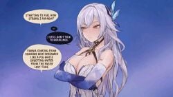 1boy 1girls animated anus ass blush breasts clenched_teeth collarbone cum cum_drip cum_dripping_from_pussy cum_in_pussy cumshot cumshot_in_pussy defeated english_dialogue english_text female female_focus frozenspiderlily genshin_impact hair_ornament hoyoverse image_sequence large_breasts long_hair looking_pleasured lying_on_back male mihoyo nipples on_back open_mouth orgasm_face pussy red_eyes saliva skirk_(genshin_impact) speech_bubble squirting tears text thick_legs thick_thighs thighhighs thrusting thrusting_into_pussy white_hair