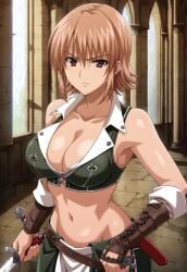 ai_generated armpits brown_hair cleavage crop_top dagger enaduotria female leather_gloves medieval midriff open_clothes palace purple_eyes ryouki serious short_hair skirt sleeveless smile solo standing uriel