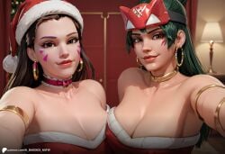 2girls ai_assisted ai_baddies ai_generated asian asian_female brown_eyes brown_hair christmas christmas_outfit christmas_tree cowboy_shot d.va d.va_(overwatch_2) dark_hair gift green_hair hana_song holidays inside kiriko_(overwatch) light-skinned_female light_skin looking_at_viewer medium_breasts overwatch overwatch_2 patreon patreon_link patreon_logo patreon_url patreon_username santa_hat selfie smiling_at_viewer smirk yellow_eyes