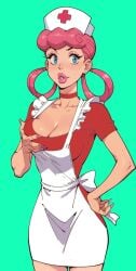 1girls blue_eyes female female_only hair_rings nurse_cap nurse_joy nurse_uniform paulinebabe pink_hair pokemon touching_breast white_apron