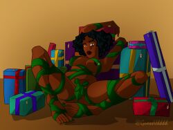 bdsm_outfit bondage christmas christmas_present dark-skinned_female dark_skin doctor guessuhhhh laying_down laying_on_back laying_on_ground marvel presenting presenting_pussy sadie_christmas smile smiling smiling_at_viewer venom_(2018) wrapped wrapped_up wrappings