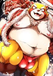 2024 anthro asakura_kento balls_outline belly big_belly bulge canid canine christmas christmas_clothing christmas_headwear clothing detailed_bulge genital_outline hat headgear headwear hi_res holidays kemono male mammal moobs navel night nipples open_mouth outside overweight overweight_male penis_outline raccoon_dog santa_claus santa_hat snow solo tanuki