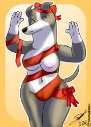 anthro breasts christmas d13w0tt_(artist) dogs_in_space female fur galgo_espanol grey_body grey_fur hi_res holidays legs_together mostly_nude multicolored_body multicolored_fur netflix pose ribbon_only simple_background solo sprinkles_(dogs_in_space) two_tone_body two_tone_fur white_body white_fur