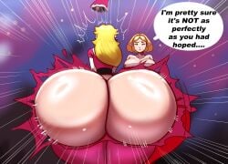 2girls ass ass_bigger_than_head ass_bigger_than_torso big_ass big_breasts blonde_hair bottom_heavy breasts bubble_butt bursting_clothes christmas christmas_outfit clothing crossover dat_ass dialogue dress fat_ass female female_only hat huge_ass hyper hyper_ass large_ass mario_(series) massive_ass no_panties princess_peach princess_zelda santa_hat schnauzercito text the_legend_of_zelda thick_ass thick_thighs thunder_thighs tight_clothing wardrobe_malfunction wide_hips