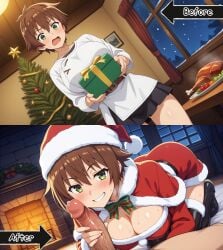 1boy ai_generated annoyed annoyed_expression before_and_after before_sex black_skirt blush christmas christmas_decorations christmas_gift christmas_present christmas_tree cleavage clothed_female erect_penis female food genderswap_(mtf) grabbing_penis grin grinning handjob holding_gift indoors interior_scene isekai kneeling kono_subarashii_sekai_ni_shukufuku_wo! large_penis male_pov naughty_face nighttime on_bed penis_on_cheek penis_on_face precum roast_chicken_leg santa_costume santa_hat satou_kazuma seductive_smile snowing_outside standing sweatdrop thigh_boots white_tunic winter