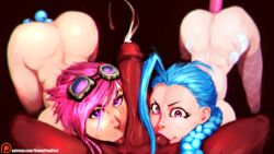 balls blue_hair cum cumshot dark-skinned_male dark_skin female goggles interracial jinx_(league_of_legends) league_of_legends male nose_piercing penis piercing pink_hair straight svenners thighhighs threesome vi