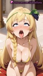 1girls ahe_gao ai_generated anime anime_style asian bangs bare_shoulders bikini blonde_hair blue_eyes blush bow_panties bra braid breasts bust busty cleavage clothing collarbone drooling female female_focus female_only food food-themed_hair_ornament fruit grapes hair_ornament hentai indoors iris_(konosuba) kneeling kono_subarashii_sekai_ni_shukufuku_wo! large_breasts long_hair looking_at_viewer looking_up medium_breasts natsuyoru navel open_mouth oral_invitation panties pantsu pillar rolling_eyes saliva side_braid single_braid sitting solo solo_female swimsuit teeth thigh_gap thighs tile_floor tiles tongue tongue_out underwear underwear_only very_long_hair voluptuous voluptuous_female yellow_bra yellow_panties