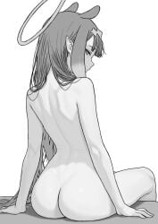 1girls ass back bare_ass bare_back butt danimocles female hololive hololive_english hololive_myth long_hair looking_at_viewer looking_back monochrome naked ninomae_ina'nis nude sitting solo thighs virtual_youtuber vtuber