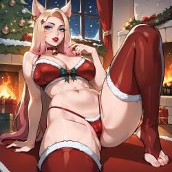 ahri ai_assisted ai_generated christmas christmas_outfit feet fox_girl k/da_ahri k/da_all_out_ahri large_breasts lingerie pussy santa_costume stable_diffusion