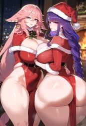 1girls 2girls ai_generated animal_ears ass bangs bare_shoulders belt blush braid braided_ponytail breast-to-breast breast_press breasts christmas christmas_outfit christmas_tree cleavage closed_mouth clothing covered_navel curvaceous curvaceous_female curvaceous_figure curvy curvy_figure dress earrings female female_focus female_only fox_ears genshin_impact hair_between_eyes hair_ornament hand_on_another's_waist hat headwear hoyoverse huge_ass huge_breasts indoors inviting inviting_to_sex jewelry large_breasts leotard long_hair long_sleeves looking_at_viewer looking_back mihoyo miyuai mole mole_under_eye multiple_girls night parted_lips pelvic_curtain pink_hair ponytail presenting presenting_ass presenting_hindquarters purple_eyes purple_hair purple_nails raiden_shogun red_dress red_headwear santa_costume santa_hat seductive seductive_look seductive_smile sideboob sidelocks single_braid smile standing symmetrical_docking thick_thighs thighs tied_hair very_long_hair voluptuous voluptuous_female wide_hips window yae_miko yae_miko_(genshin_impact)