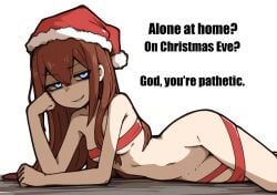 1girls ai_generated arm_support blue_eyes english_text female female_only fire-inc half-closed_eyes human makise_kurisu nude on_side ribbon_bondage santa_hat solo steins;gate text