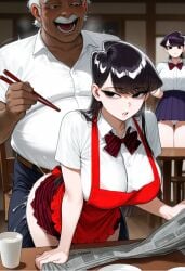 1boy 1boy2girls 2girls ai_generated apron bangs bent_over black_hair blouse bow bowtie breasts brunette chair cheating chopsticks collared cuckquean cum cup doggy_style ejaculation fat fat_man female forced from_behind komi-san_wa_komyushou_desu komi_shouko komi_shuuko leaning light_skinned_female long_hair male miniskirt netorare newspaper old older_male open_mouth panties plate pleated_skirt sex shirt skirt straight table ugly_bastard underwear upskirt v-neck younger_female