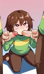 2boys 5_fingers ai_generated ambiguous_gender blowjob bob_cut brown_hair brown_pants brown_shoes chara chara_(undertale) double_handjob flat_chest green_sweater handjob handjob_while_sucking kneehighs pale_skin penis_in_mouth pixai red_eyes square_crossover striped_shirt sweater thick_thighs undertale undertale_(series)