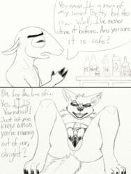 anthro betty_(weaver) black_and_white breasts canine caprine dialogue disney duo female fur inviting jonsthaman lying male mammal nipples nude on_back pack_street pussy remmy_cormo shaved_pussy sheep speech_bubble spread_pussy spreading teeth text tongue wolf zootopia