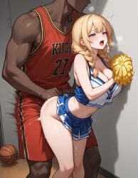 1boy 1girls african_male ai_generated basketball_uniform cheerleader cheerleader_uniform dark-skinned_male european_female finnish_girl interracial light-skinned_female pom_poms quickie sex size_difference standing_sex straight submissive_female