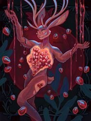 ambiguous_fluids anthro antlers chest_open deadishwolf gore horn jackalope lagomorph long_antlers male mammal open_wound pomegranate pose smile smiling_at_viewer smirk smirking_at_viewer solo