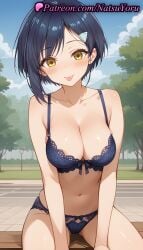 1girls :p ai_generated anime anime_style areola_slip ass_visible_through_thighs bangs bare_arms bare_shoulders bench black_hair blue_bra blue_hair blue_panties blue_sky blush bow_bra bow_panties bra breasts bust busty cleavage cloud collarbone dark_blue_hair day earrings female female_focus female_only hair_clips hair_ornament hairclip hentai lace-trimmed_bra lace-trimmed_panties lace_trim large_breasts lingerie lips looking_at_viewer medium_breasts my_deer_friend_nokotan natsuyoru navel outdoors panties pantsu park park_bench short_hair sitting sky smile solo solo_female stomach tongue tongue_out tree tsubameya_chiharu underwear underwear_only voluptuous voluptuous_female yellow_eyes