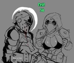 1boy 1girls 2022 armor big_breasts blood bra breasts breasts_out cleavage crusader_(darkest_dungeon) darkest_dungeon female gameplay_mechanics hi_res male male/female mask masked_female masked_male plague_doctor plague_doctor_(darkest_dungeon) spikes spookyboi