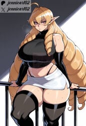 1girl against_railing ahoge ai_generated artist_name bare_shoulders black_clothes black_legwear black_panties black_shirt black_sleeves black_thighhighs blonde_hair breasts clothing crop_top curvy detached_sleeves drill_hair elf elinalise_dragonroad english_text female highleg highleg_panties huge_breasts jennieart02 large_breasts legwear long_hair long_pointy_ears looking_at_viewer mature_female microskirt midriff miniskirt mushoku_tensei navel panties panty_straps patreon patreon_logo patreon_username pencil_skirt plump pointy_ears railing red_eyes ringlets shirt skindentation skirt sleeveless solo standing sweat thick_thighs thighhighs thighs twitter twitter_username underwear very_long_hair watermark white_skirt
