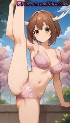 1girls :3 ai_generated anime anime_style antlers arm_up armpit armpits asian bangs bare_arms bare_shoulders blue_sky blush bow bow_bra bow_panties bra breasts brown_hair bust busty cameltoe cherry_blossoms cleavage closed_mouth cloud collarbone day female female_focus female_only green_eyes hentai horns kneepits large_breasts leg_lift leg_up legs lingerie looking_at_viewer medium_breasts midriff my_deer_friend_nokotan natsuyoru navel outdoors panties pantsu pink_bra pink_panties shikanoko_noko short_hair sky smile solo solo_female split spread_legs standing standing_on_one_leg standing_split stomach thighs tree underwear underwear_only voluptuous voluptuous_female