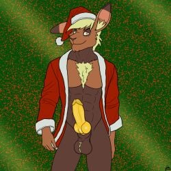 anthro blonde_hair brown_body ch0c0hare christmas christmas_clothing clothing derjinzo genitals hair hare hi_res holidays humanoid_genitalia humanoid_penis hybrid_genitalia hybrid_penis knot knotted_humanoid_penis knotted_penis lagomorph leporid male mammal muscular penis solo werecreature yellow_eyes yellow_penis