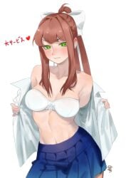 1female 1girls annoyed bare_shoulders blue_skirt blush bow bow_bra bra breasts cleavage clothes_pull collarbone doki_doki_literature_club female female_focus female_only green_eyes hair_bow hairbow large_breasts light_blush long_hair monika_(doki_doki_literature_club) navel open_clothes ora_ozen ponytail pulled_by_self skirt white_bow