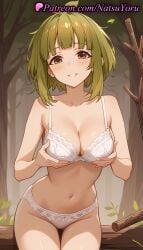 1girls ahoge ai_generated anime anime_style ass_visible_through_thighs bangs bare_arms bare_shoulders bashame_meme blunt_bangs blush bow bow_bra bow_panties bra branch breasts brown_eyes bust busty cleavage collarbone cowboy_shot female female_focus female_only forest grabbing_own_breast green_hair grin groin lace-trimmed_bra lace-trimmed_panties lace_trim large_breasts leaf leaning_forward lingerie looking_at_viewer medium_breasts natsuyoru nature navel outdoors panties pantsu parted_lips shikanoko_nokonoko_koshitantan short_hair sitting smile solo solo_female stomach thigh_gap thighs tree underwear underwear_only voluptuous voluptuous_female white_bra white_panties