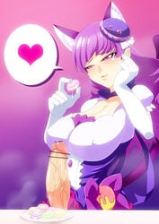 1futa :3 bar_censor breasts busty cat_ears cat_eyes cat_tail catgirl censored cleavage clothing cum cum_eating cure_macaron erection feline futa_only futanari gokkun head_rest heart-shaped_pupils intersex kirakira_precure_a_la_mode kotozume_yukari large_breasts long_hair macaron magical_girl nipple_bulge penis penis_under_dress precure pretty_cure purple_eyes purple_hair taroro voluptuous