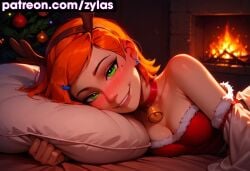 ai_generated ben_10 big_ass big_breasts christmas christmas_outfit gwen_tennyson gwen_tennyson_(classic) laying_on_bed ryuuziken01 short_hair