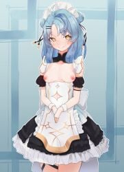 1girls blue_background blue_hair blush breasts_out dress female female_focus female_only hairclip kkillusked maid maid_headdress nijisanji nipples pink_nipples simple_background skirt small_breasts smiling solo solo_female solo_focus tamanoi_nana thick_thighs thighs unusual_pupils yellow_eyes