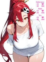 ai_generated april68th bare_legs bending_forward bending_over big_ass big_breasts long_hair looking_at_viewer red_hair selfie selfie_pose shirt_only slim_waist tengen_toppa_gurren_lagann thick thick_thighs tied_hair wide_hips yellow_eyes yoko_littner