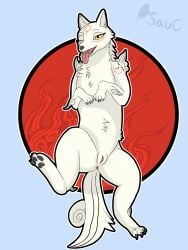 absurd_res amaterasu amaterasu_(okami) anus canid canine canis capcom deity female feral fur fur_markings genitals hi_res humanoid_genitalia humanoid_genitalia_on_feral humanoid_pussy humanoid_pussy_on_feral lying mammal markings okami okami_(capcom) on_back onesaucydragon open_mouth pawpads paws presenting presenting_pussy pussy smile solo spread_legs spreading tongue tongue_out wolf