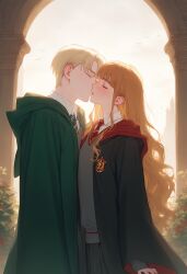 1boy 1boy1girl 1girls ai_generated blooboo cloak draco_malfoy female harry_potter hermione_granger hogwarts hogwarts_school_uniform hogwarts_student kissing kissing male school_uniform straight tagme teen teenager wizarding_world