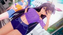 3d 3d_(artwork) belly belly_button breasts date_a_live koikatsu long_hair looking_at_viewer medium_breasts purple_eyes purple_hair ribbon shirt shorts solo solo_female tan_body tan_skin tanned tanned_female tanned_skin thighs yatogami_tohka