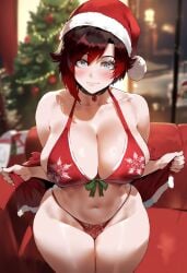 1girls ai_generated big_breasts bikini black_hair blush breasts christmas christmas_hat female female_focus grey_eyes hips huge_breasts large_breasts looking_at_viewer navel red_hair ruby_rose rwby short_hair smiling smiling_at_viewer thick_thighs thighs