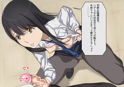 aldnoah.zero black_hair bra_lift breasts handjob incest kaizuka_inaho kaizuka_yuki kneeling long_hair open_shirt penis small_breasts