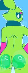 antennae ass ear gloves green_body green_skin hand_on_hip looking_back pink_eyebrows sploot_(unknownspy)