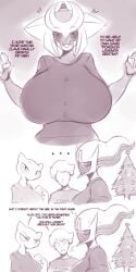 1boy 3girls anthro arceus big_breasts blush christmas dialogue english_text female funny generation_1_pokemon generation_4_pokemon giratina greyscale happy huge_breasts human legendary_pokemon male mew nintendo pokemon pokemon_(species) saltyxodium smile speech_bubble tagme white_background