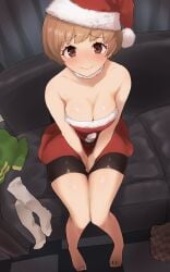 1girls absurdres bare_shoulders barefoot bike_shorts blush breasts brown_eyes brown_hair cleavage couch embarrassed female fur_choker hat highres kurosususu large_breasts looking_at_viewer on_couch persona persona_4 santa_costume santa_hat satonaka_chie short_hair sweat thighs unworn_clothes