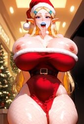 1girls ai_generated areolae big_breasts blonde_hair blue_eyes blue_lipstick blush breasts_bigger_than_head cum cum_in_pussy cum_on_breasts cum_on_tongue female fishnets gigantic_breasts huge_ass huge_breasts lipstick long_hair long_tongue massive_breasts nintendo nipples princess_zelda santa_costume santa_hat the_legend_of_zelda thick_thighs wide_hips zelda_(breath_of_the_wild)