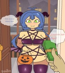 1girls asian_female blue_hair bribery fnafhs fnafhsrule34 green_eyes halloween money paying payment santoo115 spanish_text twintails usagi_(fnafhs)