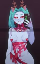 1girls biting_lip blue_body blue_skin covered_nipples cyberpunk:_edgerunners english_text female female_only fi_zz_ill medium_breasts pasties rebecca_(edgerunners) red_sclera selfie sharp_teeth solo text twintails upper_teeth