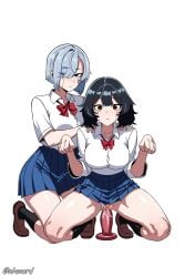 2girls abscord absurdres android black_hair black_socks blank_stare blue_eyes blue_hair blue_skirt bow bowtie breasts brown_eyes brown_shoes closed_mouth commentary dildo double-parted_bangs english_commentary expressionless female_masturbation hair_over_one_eye hands_on_another's_shoulders hands_up highres large_breasts loafers looking_at_viewer masturbation miniskirt multiple_girls original paw_pose pleated_skirt pussy pussy_juice red_bow red_bowtie school_uniform sex_toy shirt shoes short_hair short_sleeves simple_background skirt socks squatting textless_version uncensored white_background white_shirt
