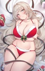 1girls absurdres arms_under_breasts azur_lane bed_sheet bell bikini bow box braid breasts christmas cleavage commission female fur-trimmed_bikini fur_trim gift gift_box green_bow grey_eyes grey_hair hair_intakes highres jingle_bell kimi_tsuru large_breasts light-skinned_female light_skin long_hair lying navel on_back on_bed pixiv_commission plaid_bow red_bikini red_ribbon ribbon santa_bikini sardegna_empire_(azur_lane) signature skindentation solo stomach swimsuit thick_thighs thighs vittorio_veneto_(azur_lane)